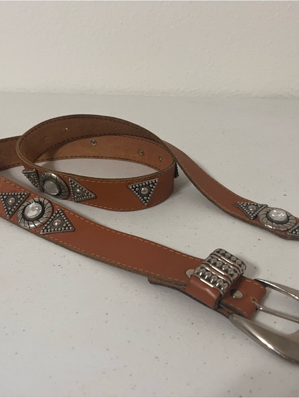 Studded Brown Leather Belt with Silver Conchos